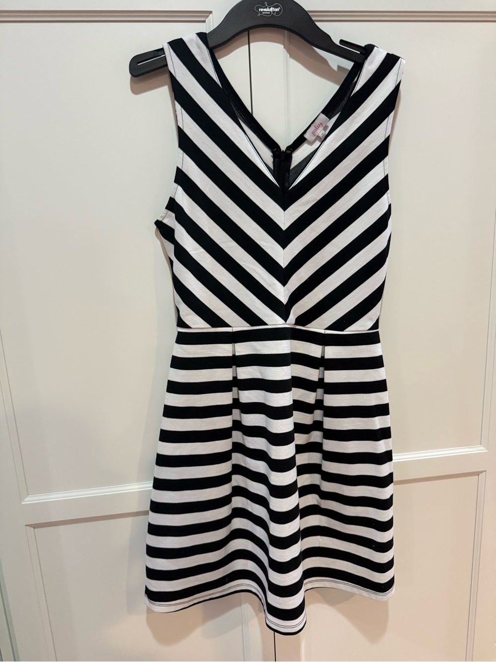 Pixley Black & White Striped V‑Neck Fit‑and‑Flare Dress